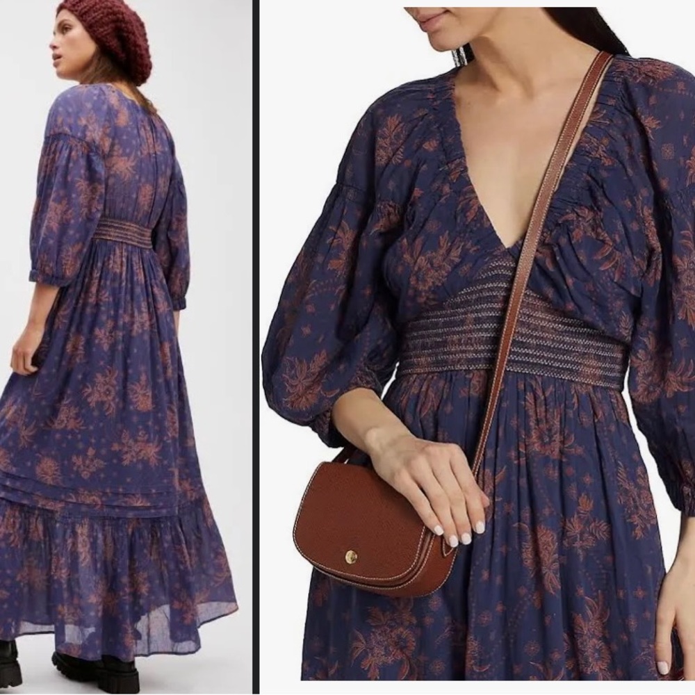 NEW Free People Golden Hour Border Maxi Dress in Navy Combo size large